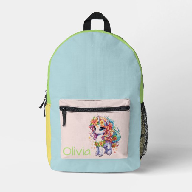 Cute Multi-Coloured Unicorn Personalized  Printed Backpack (Front)