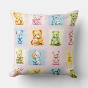 Cute Multi Teddy Bear Collage and Toys Seamless Throw Pillow