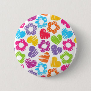 Cute multicolor flowers and hearts girly pattern   2 inch round button