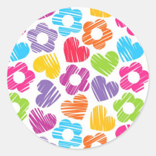 Cute multicolor flowers and hearts girly pattern   classic round sticker