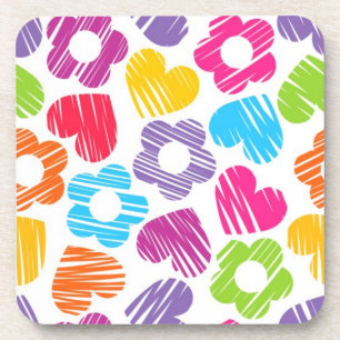 Cute multicolor flowers and hearts girly pattern coaster