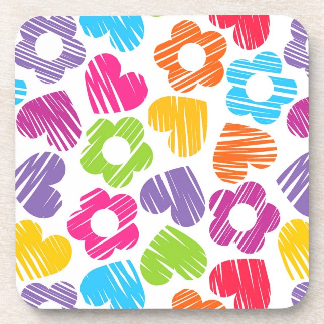Cute multicolor flowers and hearts girly pattern   coaster (Front)