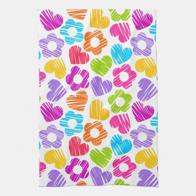 Cute multicolor flowers and hearts girly pattern   kitchen towel (Vertical)