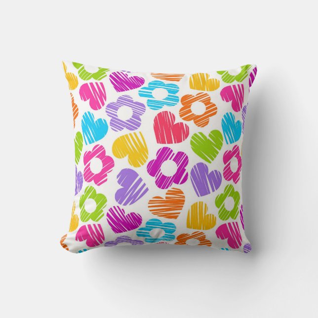 Cute multicolor flowers and hearts girly pattern   throw pillow (Front)