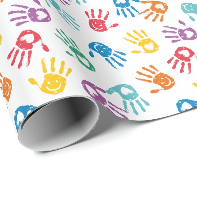Cute Multicolor Painted Hands on white Wrapping Paper (Roll Corner)