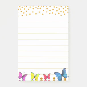 Cute Multicolored Butterflies & Gold Confetti Post-it Notes