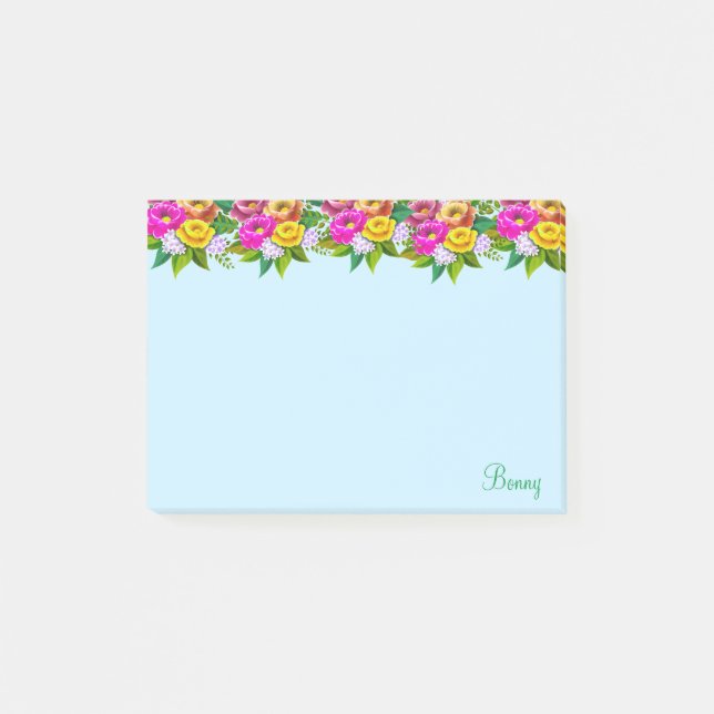 Cute multicolored flowers on light blue post-it notes (Front)