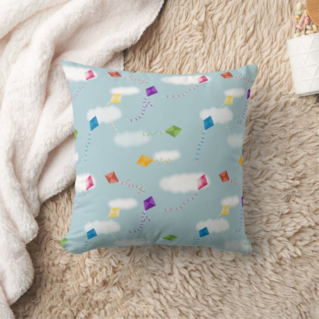 Cute Multicolored Flying Kites Kids Pattern Throw Pillow (Blanket)