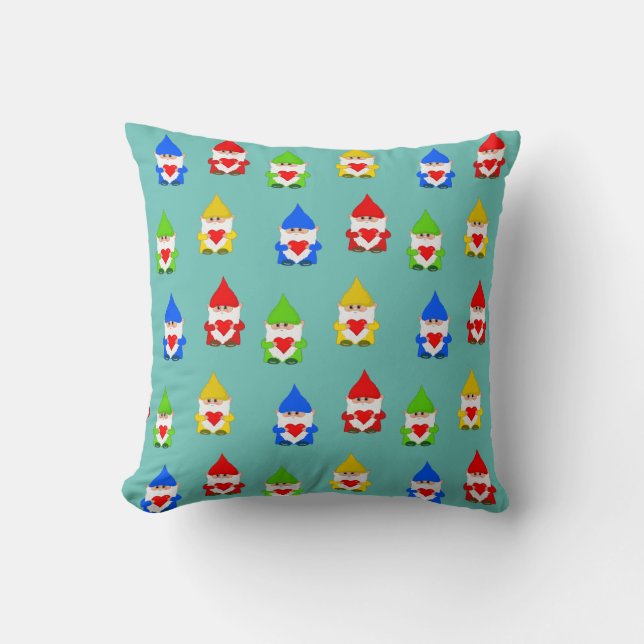 Cute multicolored gnomes on teal throw pillow (Front)
