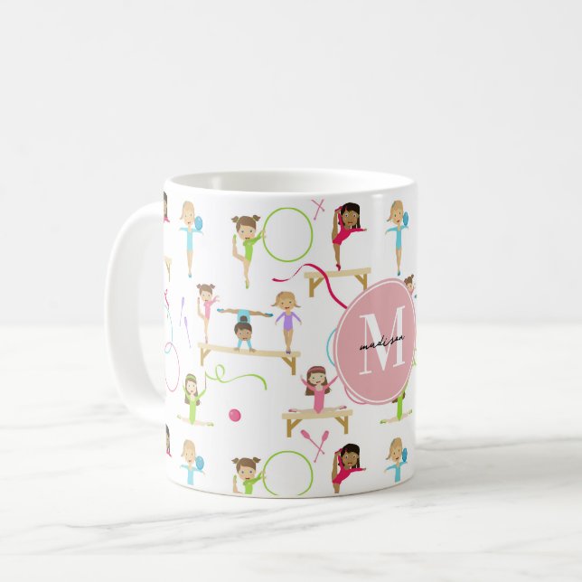 Cute Multicolored Gymnastics Kids Pattern Monogram Coffee Mug (Front Left)