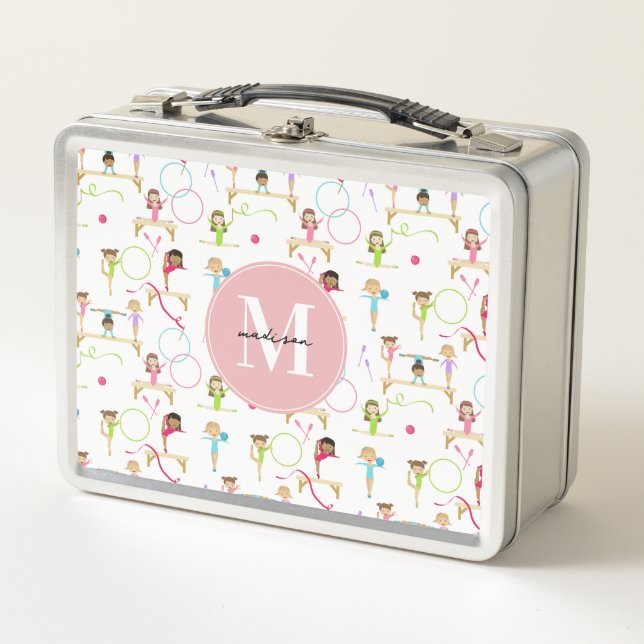 Cute Multicolored Gymnastics Kids Pattern Monogram Metal Lunch Box (Front)