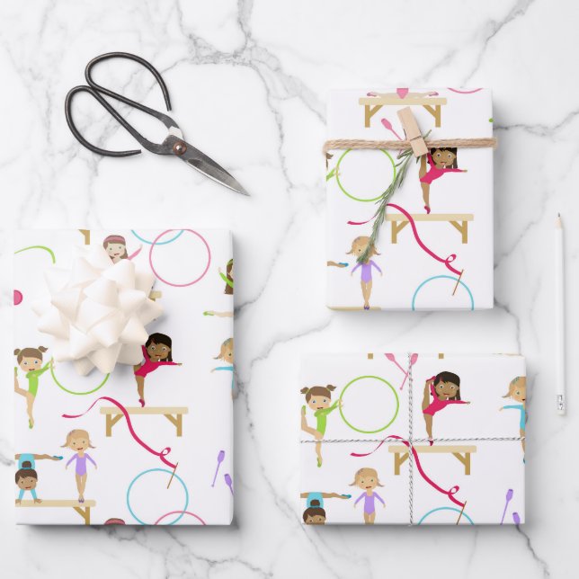 Cute Multicolored Gymnastics Kids Pattern Wrapping Paper Sheet (Front)
