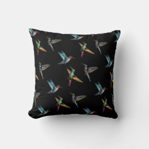 Cute multicolored hummingbirds on black throw pillow