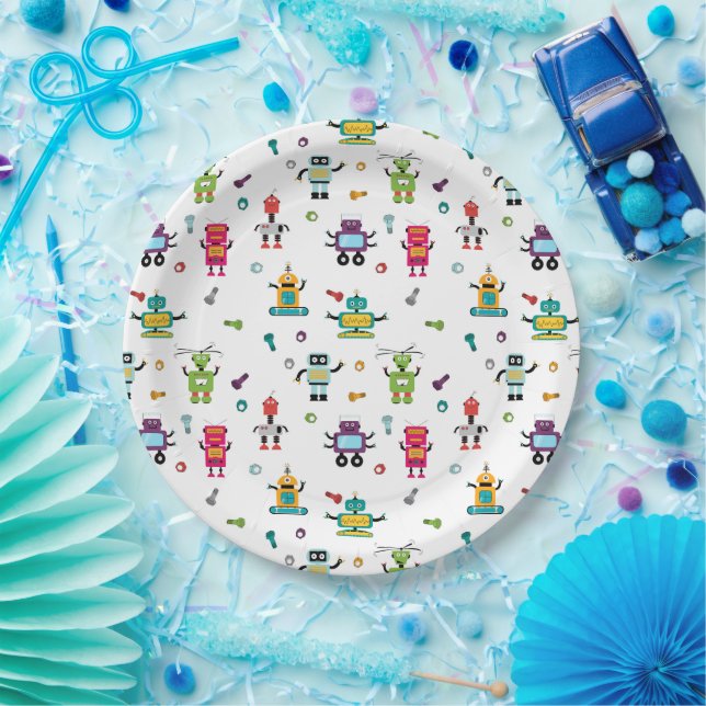 Cute Multicolored Robots Kids Robot Birthday Party Paper Plate (Party)