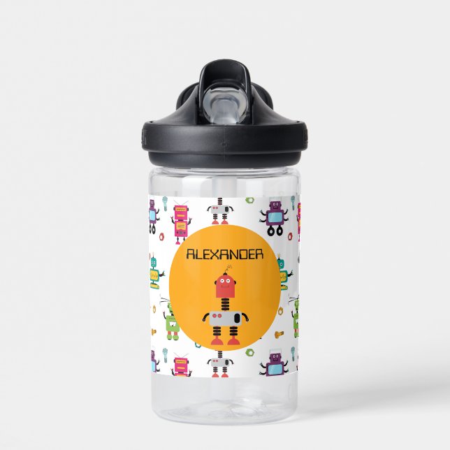 Cute Multicolored Robots Kids Robot Custom Name Water Bottle (Front)