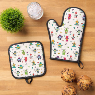 Cute Multicolored Robots Kids Robot Pattern Oven Mitt & Pot Holder Set