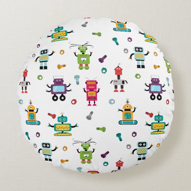Cute Multicolored Robots Kids Robot Pattern Round Pillow (Front)
