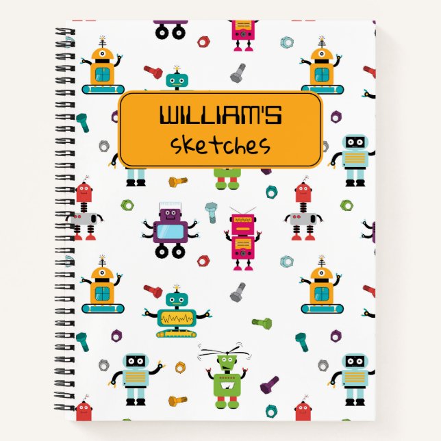 Cute Multicolored Robots Kids Robot Sketchbook Notebook (Front)
