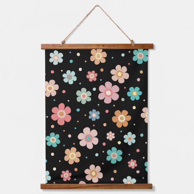 Cute Multicolour Flower Pattern On Black Hanging Tapestry (Front)