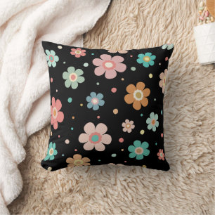 Cute Multicolour Flower Pattern On Black Throw Pillow