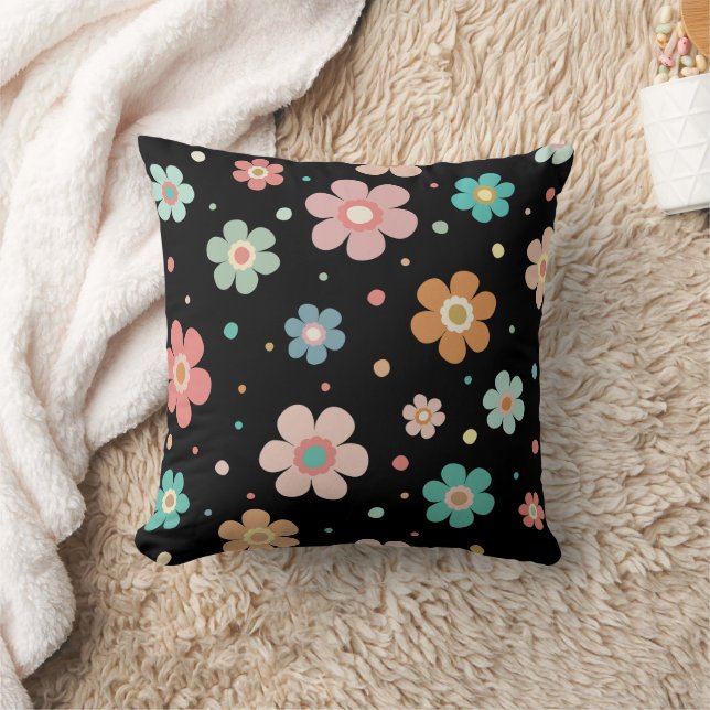 Cute Multicolour Flower Pattern On Black Throw Pillow (Blanket)