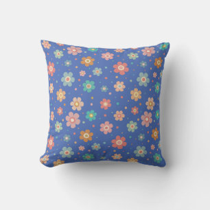 Cute Multicolour Flower Pattern On Blue Throw Pillow