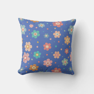 Cute Multicolour Flower Pattern On Blue Throw Pillow