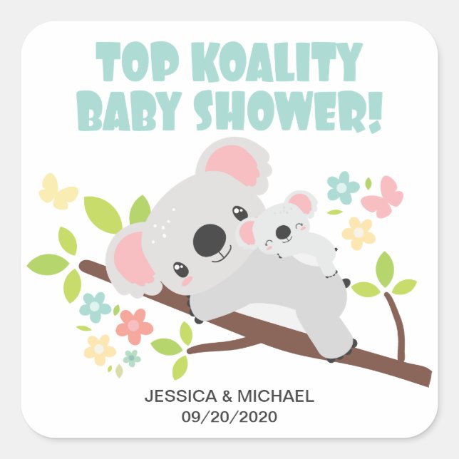 Cute Mum and Baby Top Koality Koala Baby Shower Square Sticker (Front)