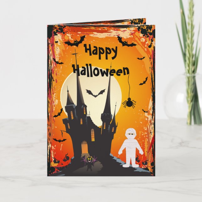 Cute Mummy, Bats & Castle Halloween Card (Front)