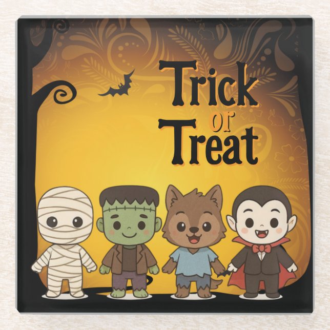 Cute mummy, Frankenstein, Dracula, werewolf    Glass Coaster (Front)