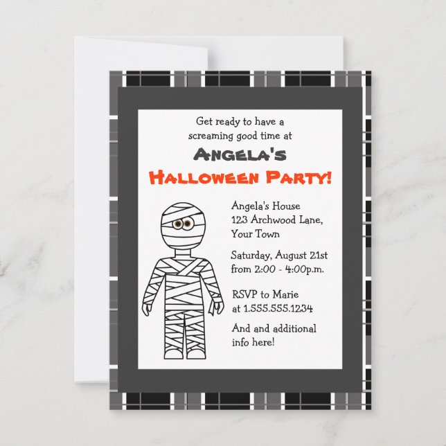 Cute Mummy Grey Plaid Halloween Party Invitations (Front)