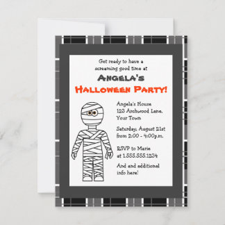 Cute Mummy Grey Plaid Halloween Party Invitations