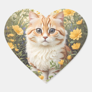 Cute Munchkin Cat And Buttercup Flowers Heart Sticker