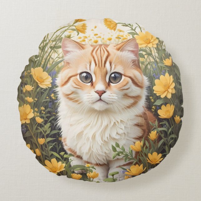 Cute Munchkin Cat And Buttercup Flowers Round Pillow (Front)