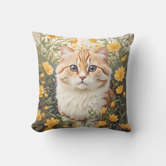 Cute Munchkin Cat And Buttercup Flowers Throw Pillow (Front)