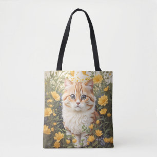 Cute Munchkin Cat And Buttercup Flowers Tote Bag