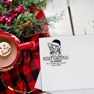 Cute Munchkin Cat Return Address Christmas  Rubber Stamp