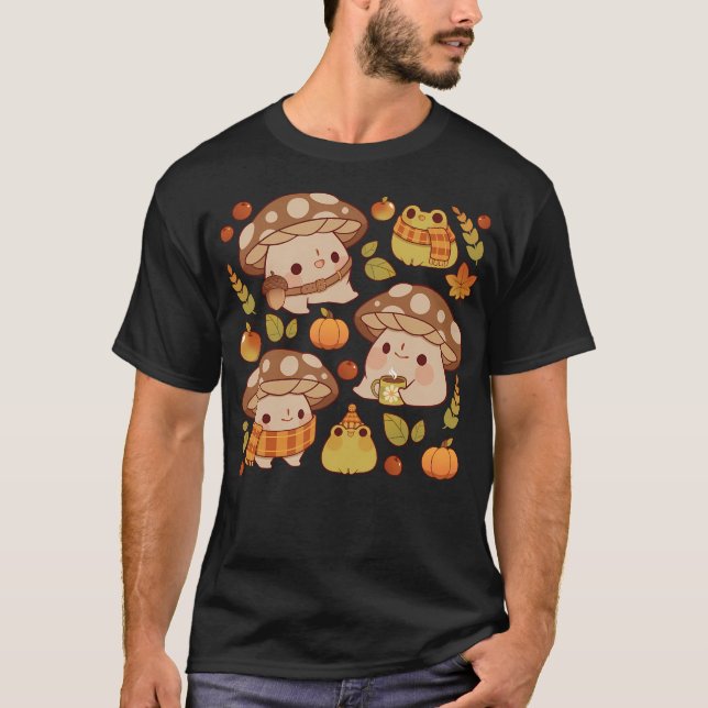Cute Mushroom And Froggie Fall - Brown T-Shirt (Front)