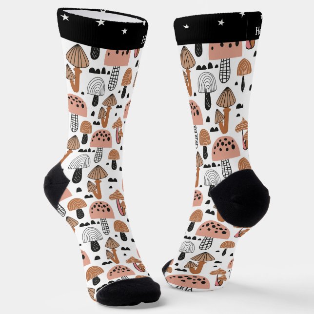 Cute Mushroom Black White and Pink Whimsical Socks (Angled)