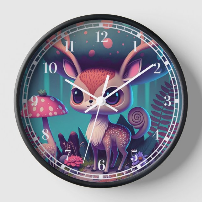 Cute Mushroom Deer Fantasy Art Clock (Front)