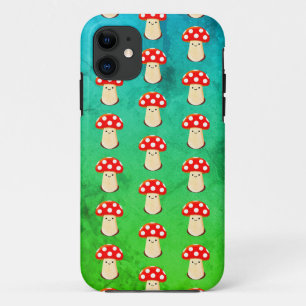 Cute Mushroom Drawing On Green And Blue Pattern iPhone 11 Case