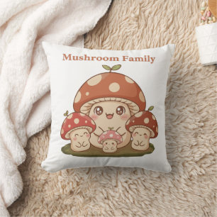 Cute Mushroom Family Retro Kawaii Forest Fungi Art Throw Pillow