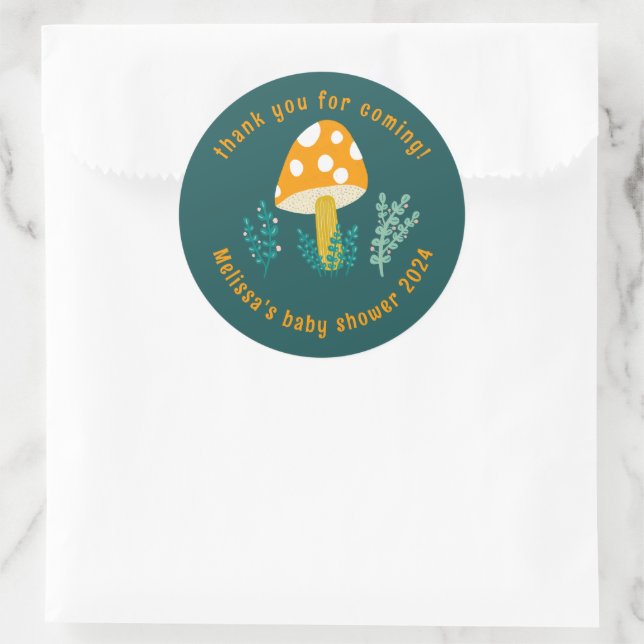 Cute Mushroom & Herbs Thank You CUSTOM Baby Shower Classic Round Sticker (Bag)