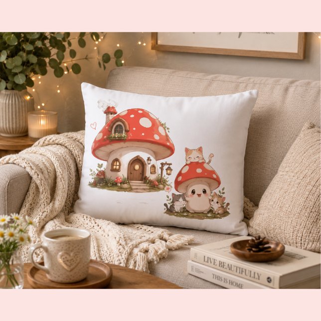 Cute Mushroom House Throw Pillow | Whimsical Cotta (Creator Uploaded)