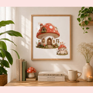 Cute Mushroom House Wall Art Poster Whimsical Co