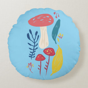 Cute mushroom illustration (BLUE BKGRD) Round Pillow