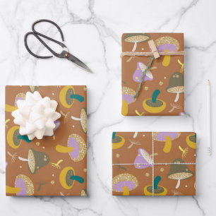 Cute Mushroom Pattern Autumn Gold Glitter Wrapping Paper Sheet