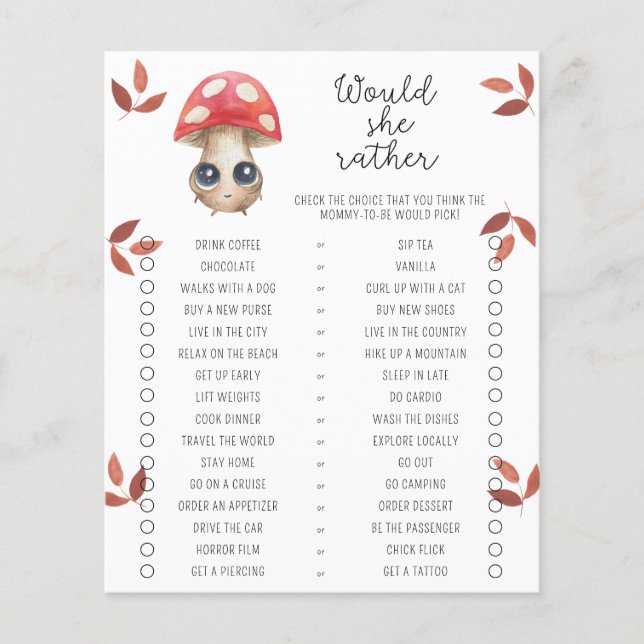 Cute mushroom - Would She Rather Baby Shower Game (Front)
