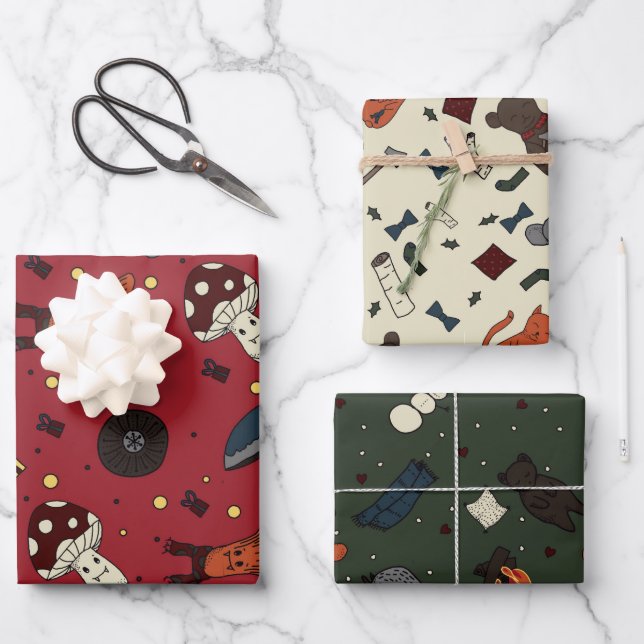 Cute Mushrooms and Bear, Hedgehog, Mouse Winter Wrapping Paper Sheet (Front)