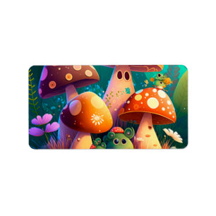 Cute mushrooms and flowers bugs green  label